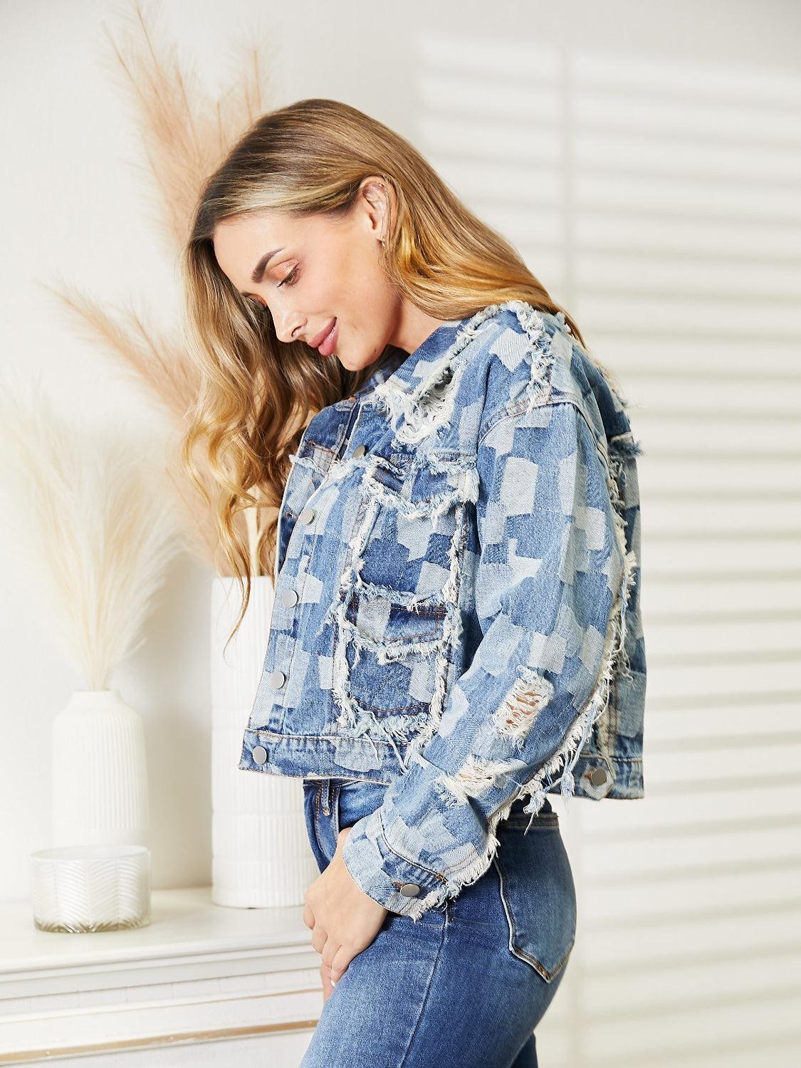 Plaid Raw Hem Dropped Shoulder Denim Jacket - Lab Fashion, Home & Health