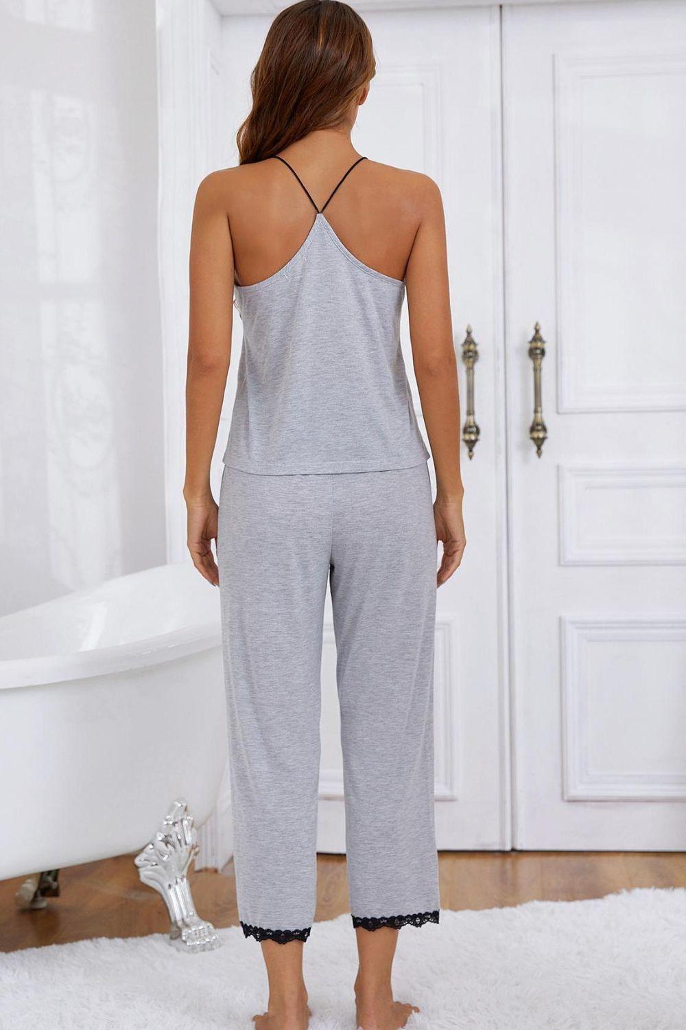 Halter Neck Cami and Lace Trim Pajama Set - Lab Fashion, Home & Health