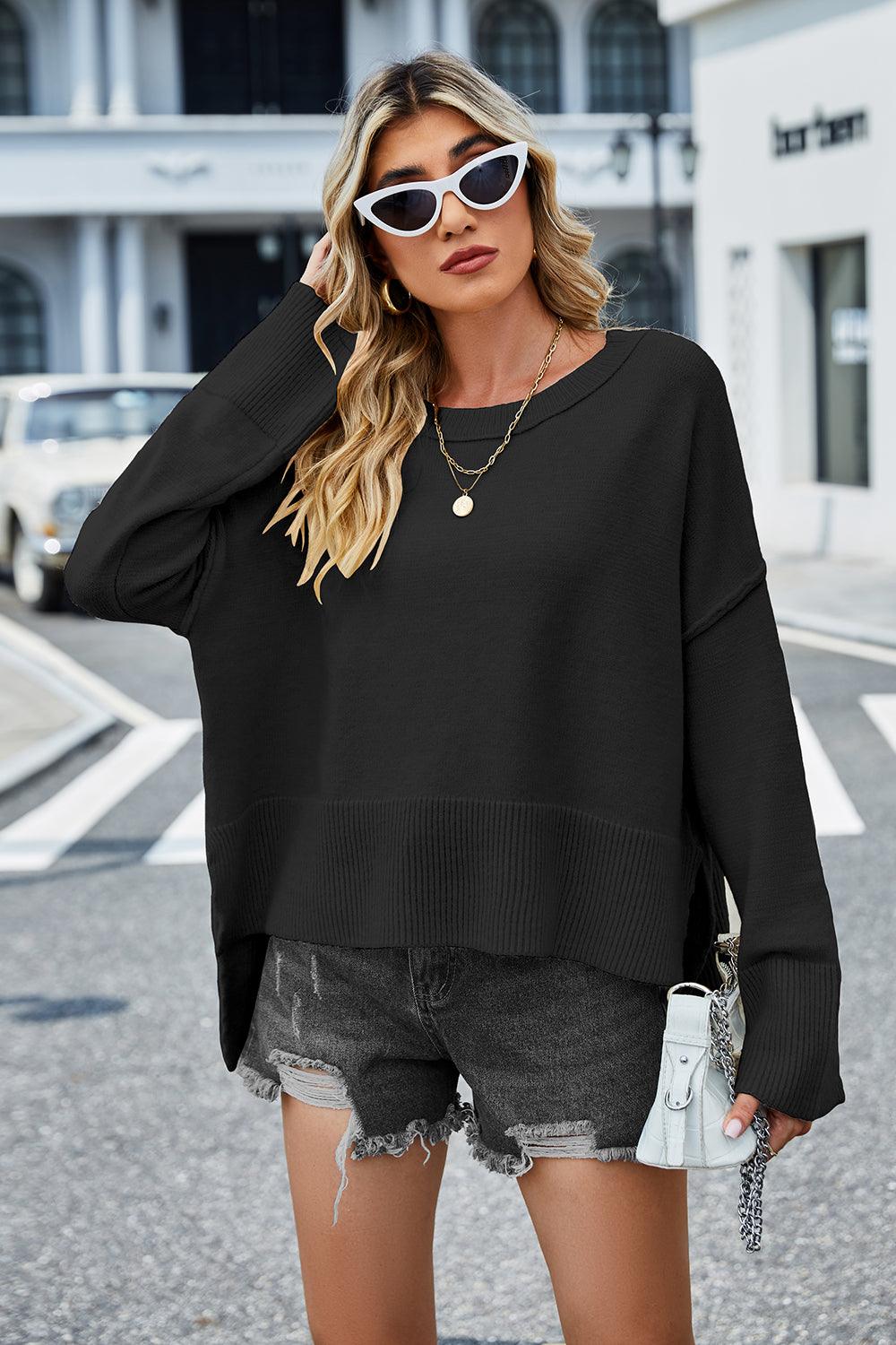 Round Neck Dropped Shoulder Slit Sweater - Lab Fashion, Home & Health