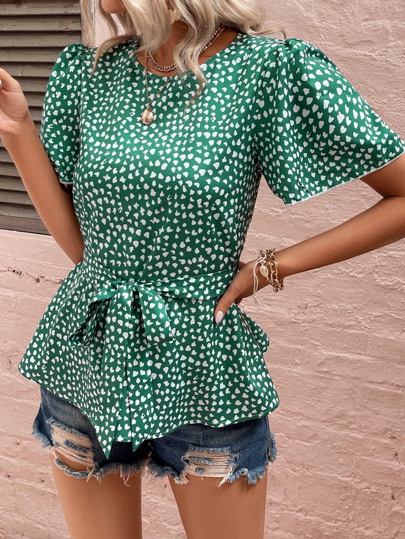 Heart Print Puff Sleeve Blouse - Lab Fashion, Home & Health