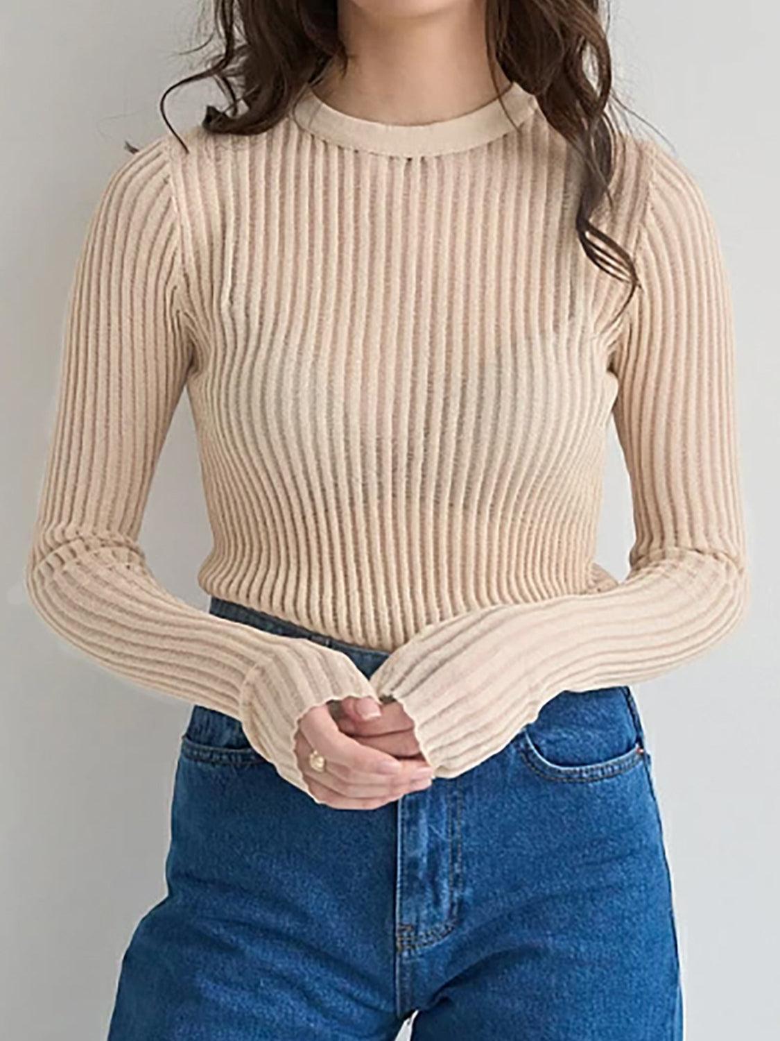 Round Neck Ribbed Knit Top - Lab Fashion, Home & Health