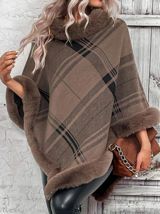 Plaid Faux Fur Trim Poncho - Lab Fashion, Home & Health