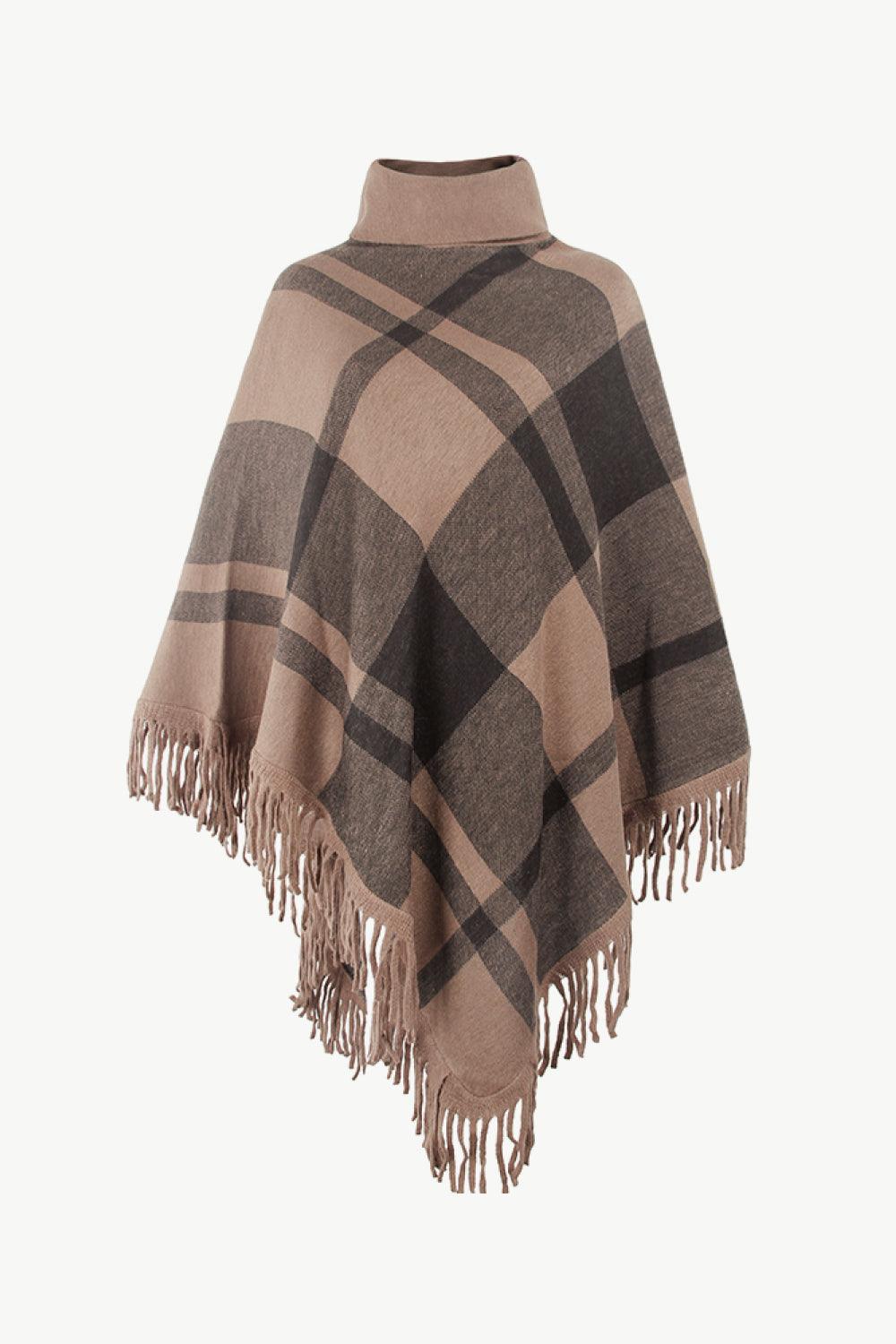 Plaid Turtleneck Fringe Hem Poncho - Lab Fashion, Home & Health