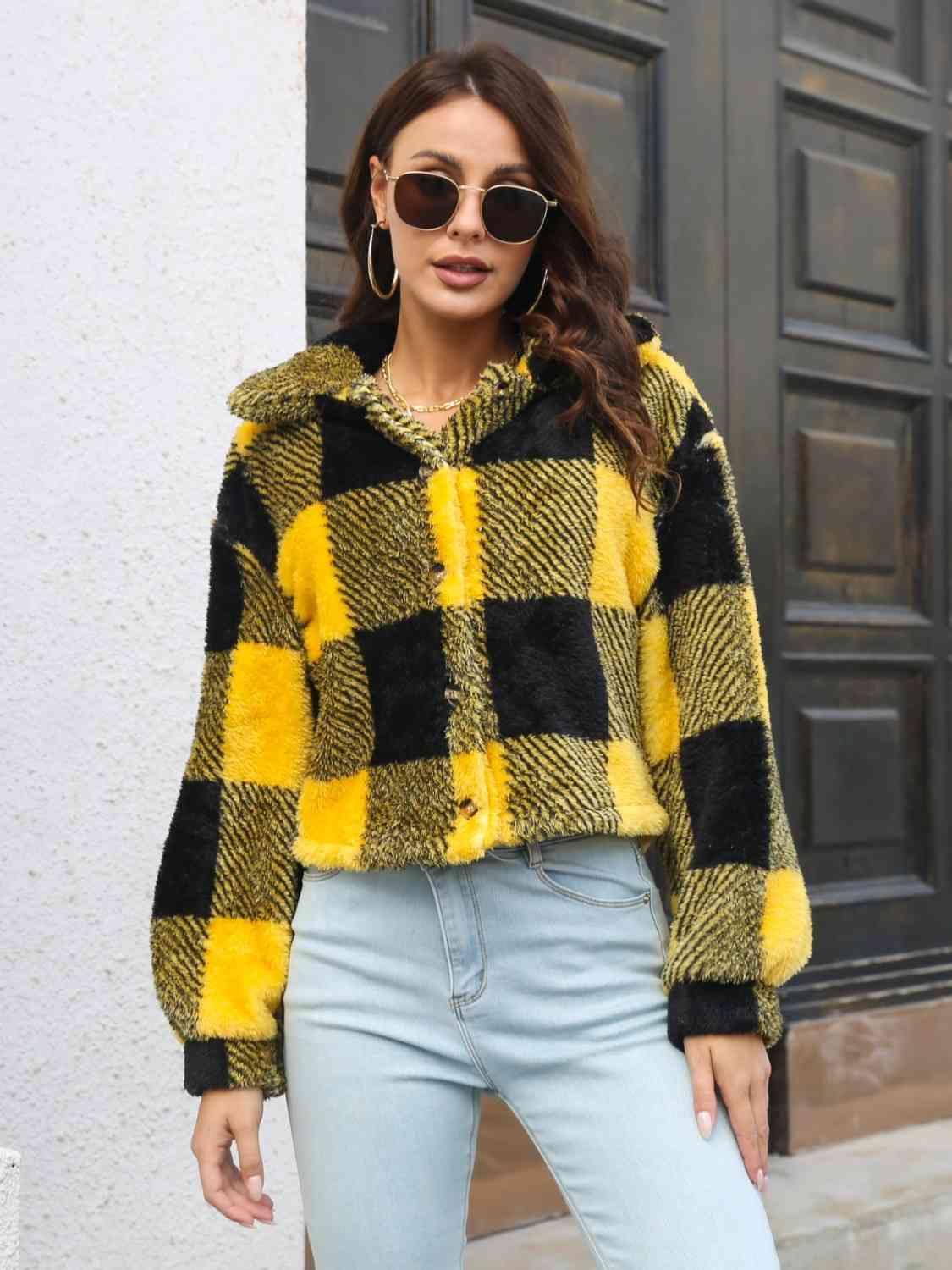 Plaid Dropped Shoulder Buttoned Jacket - Lab Fashion, Home & Health