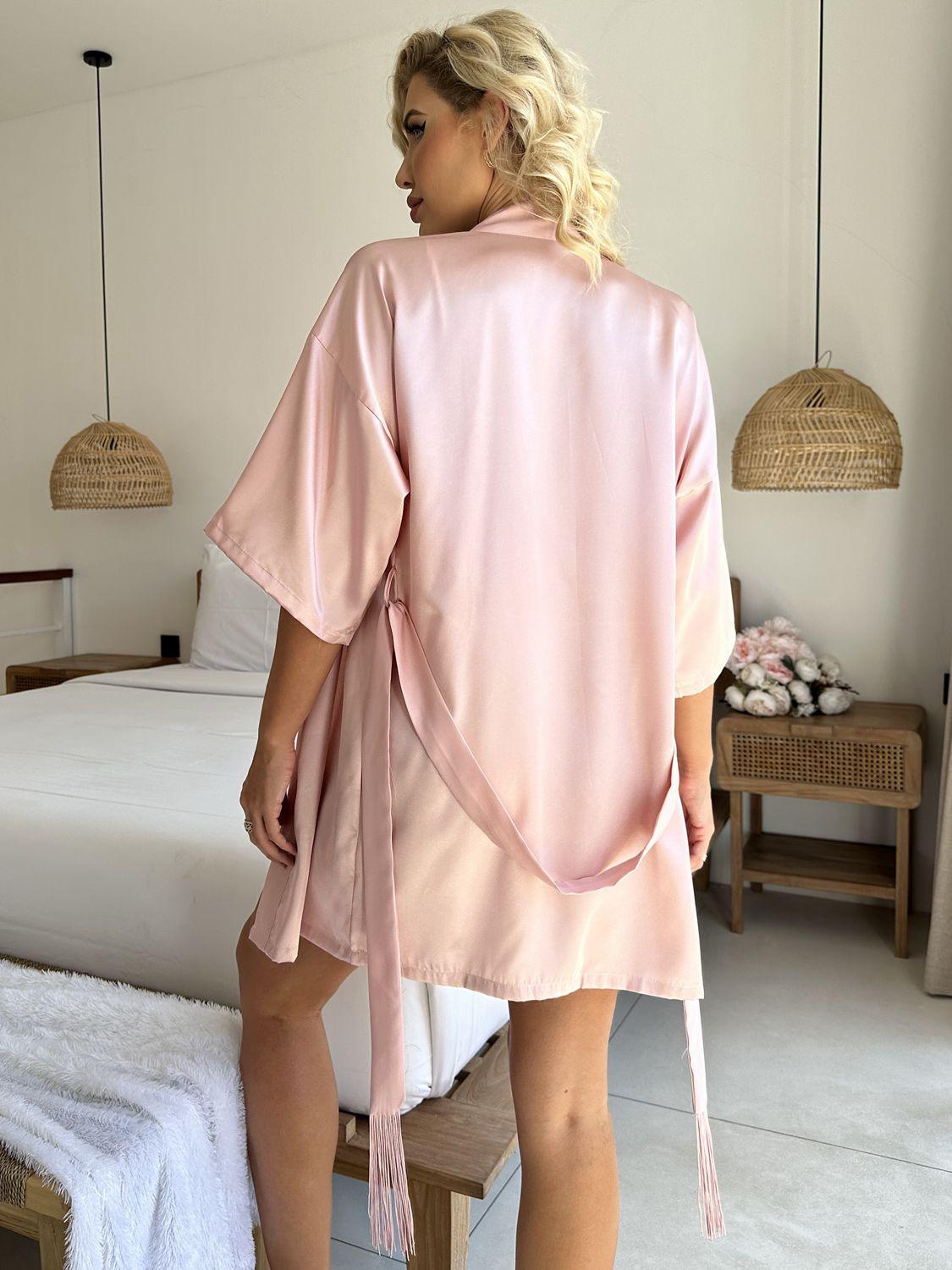 Fringe Detail Belted Half Sleeve Robe - Lab Fashion, Home & Health