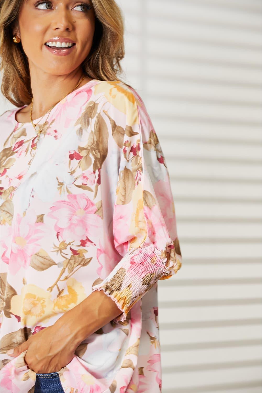 Double Take Floral Round Neck Three-Quarter Sleeve Top - Lab Fashion, Home & Health