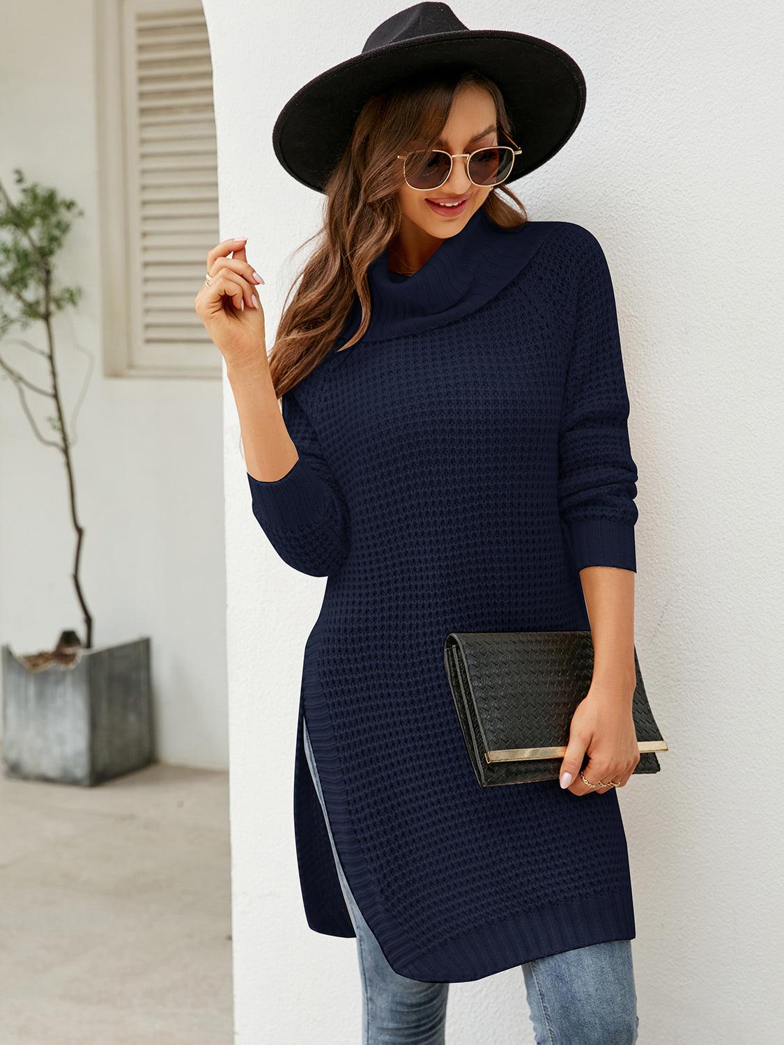 Turtleneck Slit Sweater Dress - Lab Fashion, Home & Health