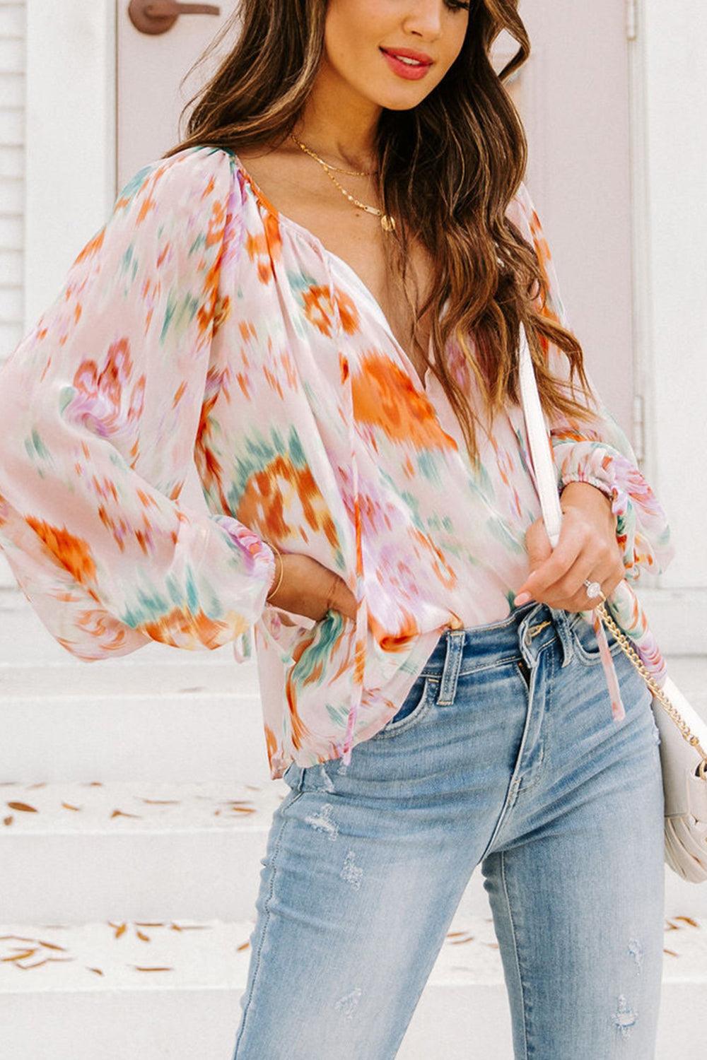 Printed Tie Neck Long Sleeve Blouse - Lab Fashion, Home & Health