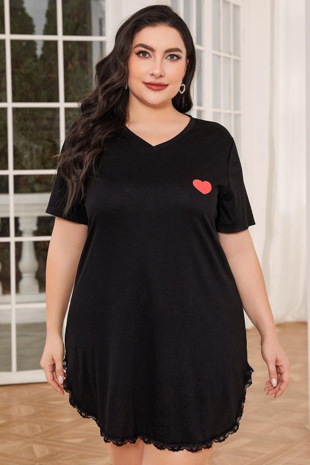 Plus Size Lace Trim V-Neck Short Sleeve Night Dress - Lab Fashion, Home & Health