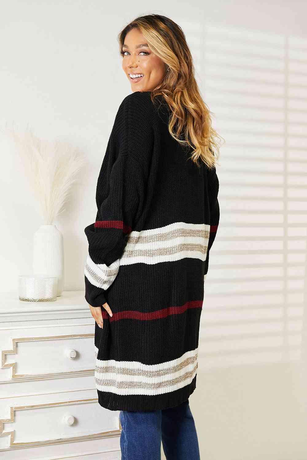 Double Take Striped Drop Shoulder Open Front Cardigan - Lab Fashion, Home & Health