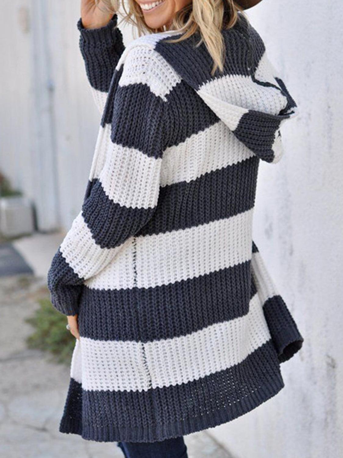 Striped Open Front Hooded Cardigan - Lab Fashion, Home & Health