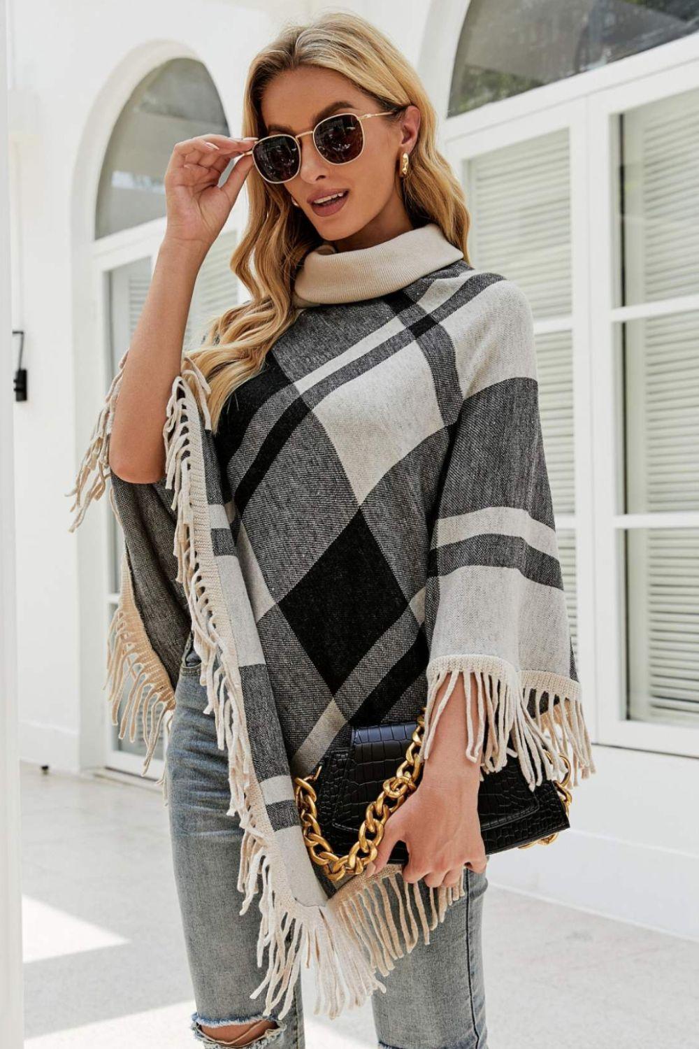 Plaid Turtleneck Fringe Hem Poncho - Lab Fashion, Home & Health