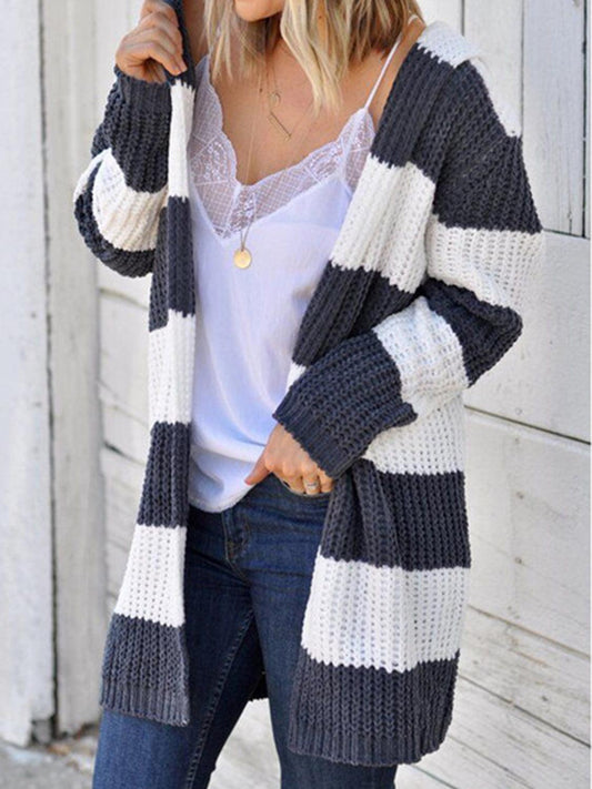 Striped Open Front Hooded Cardigan - Lab Fashion, Home & Health