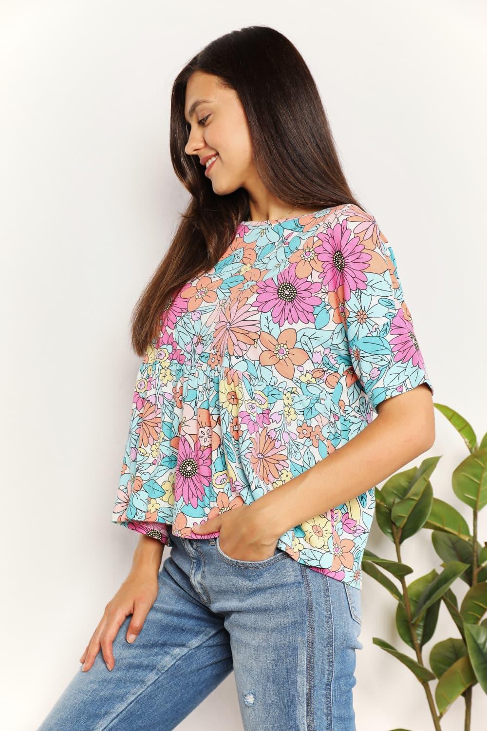Double Take Floral Round Neck Babydoll Top - Lab Fashion, Home & Health