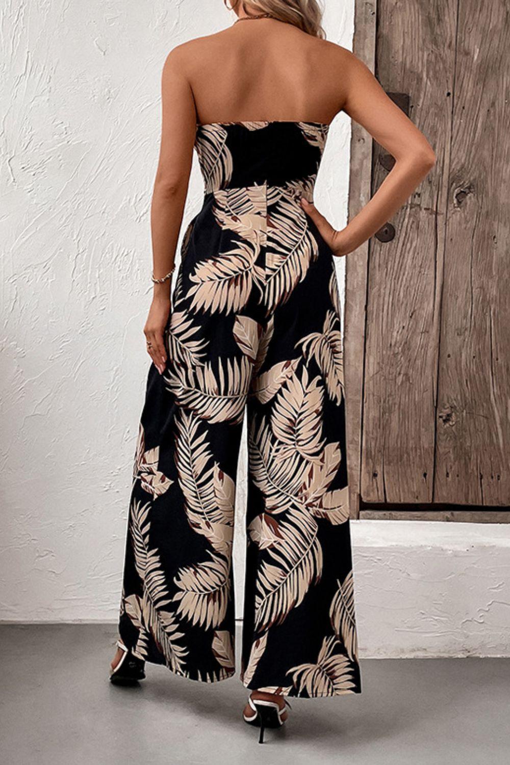 Printed Strapless Wide Leg Jumpsuit with Pockets - Lab Fashion, Home & Health