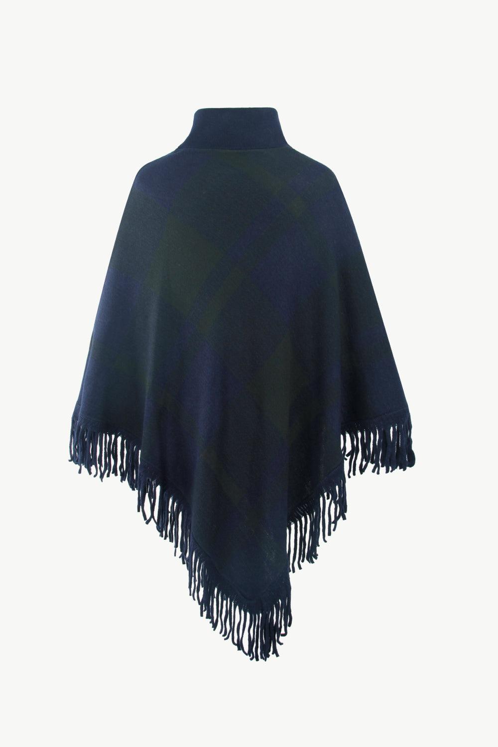 Plaid Turtleneck Fringe Hem Poncho - Lab Fashion, Home & Health