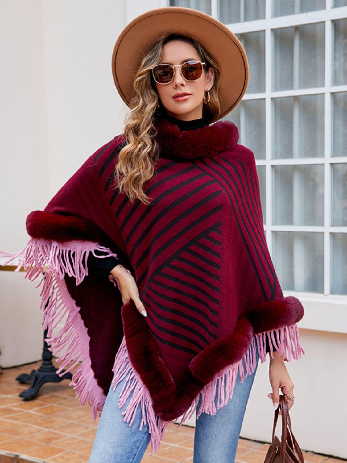 Striped Fringe Hem Poncho - Lab Fashion, Home & Health