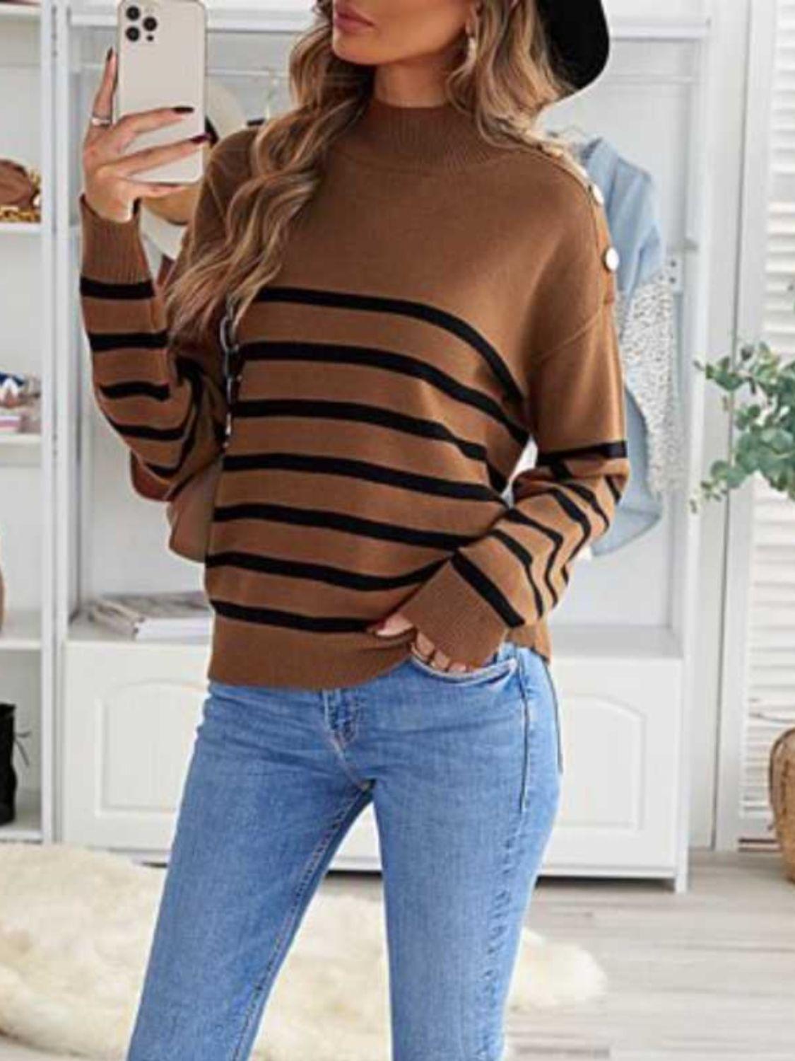 Striped Shoulder Detail Sweater - Lab Fashion, Home & Health