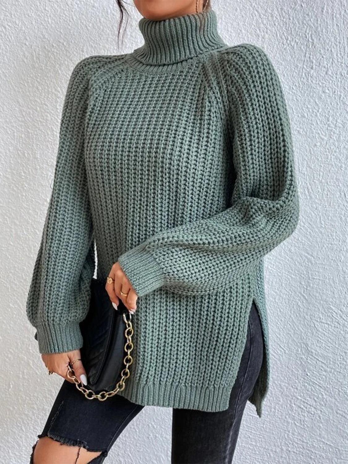 Full Size Turtleneck Slit Sweater - Lab Fashion, Home & Health