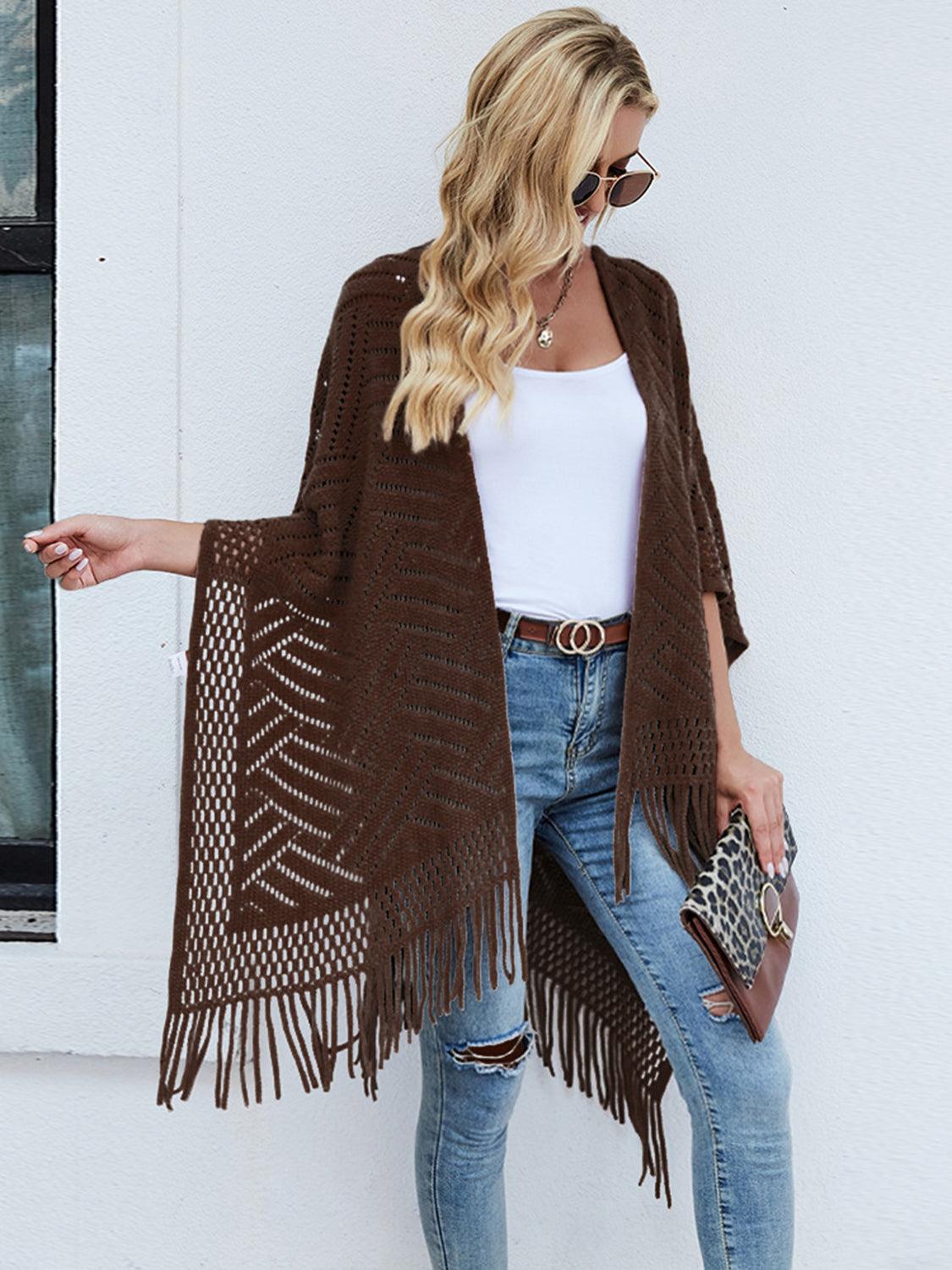 Fringe Hem Open Front Poncho - Lab Fashion, Home & Health