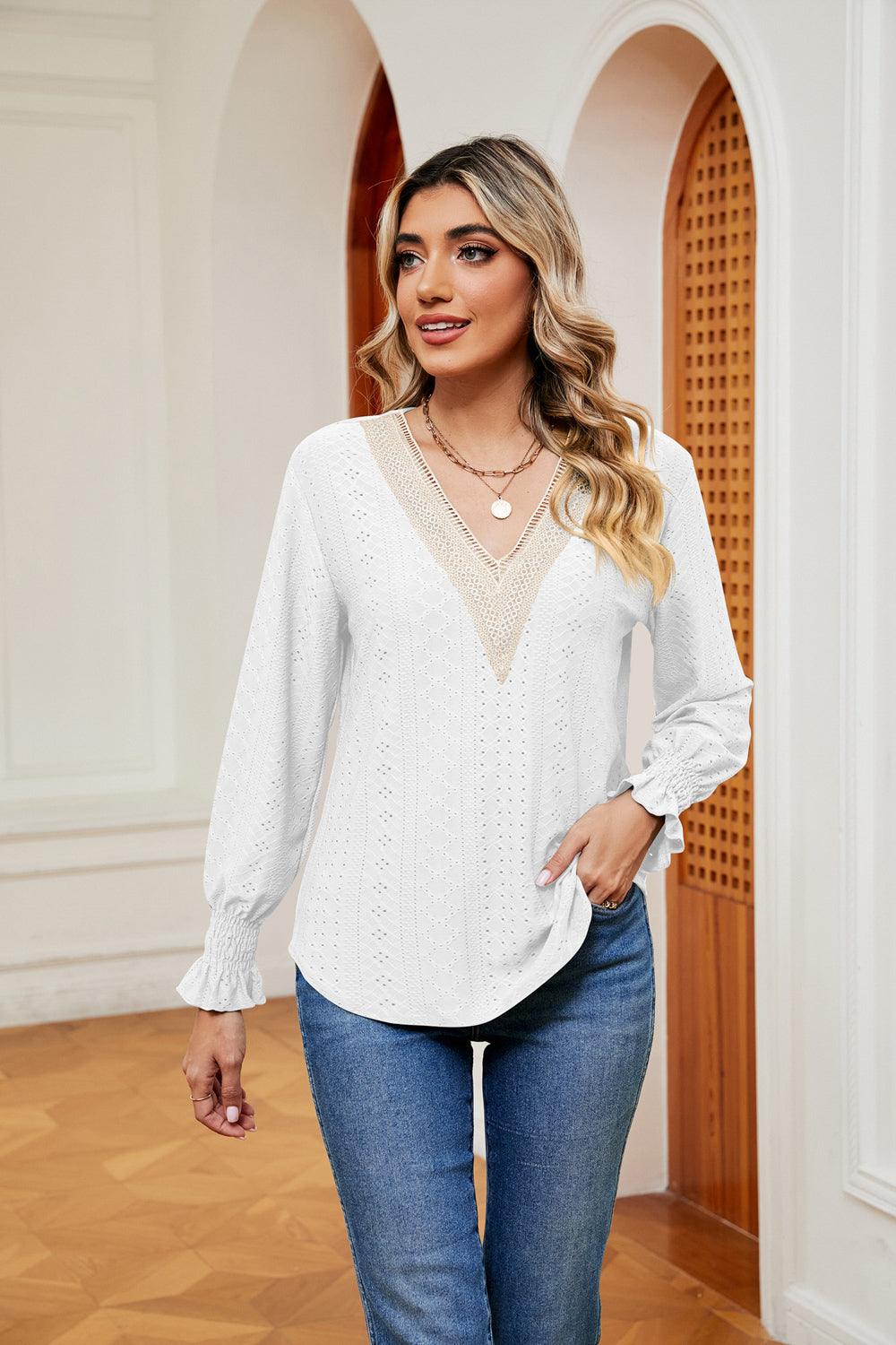 Contrast Flounce Sleeve Blouse - Lab Fashion, Home & Health