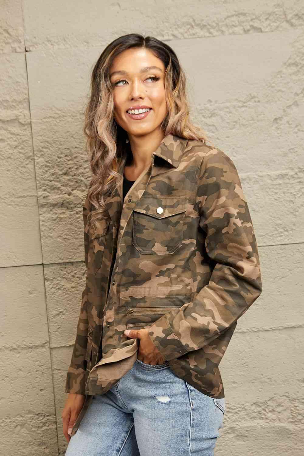 Double Take Camouflage Snap Down Jacket - Lab Fashion, Home & Health