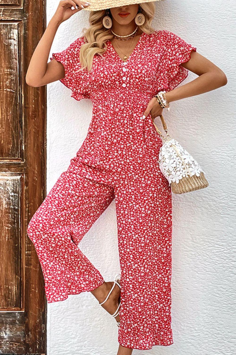 Printed Tie Back Ruffled Jumpsuit - Lab Fashion, Home & Health