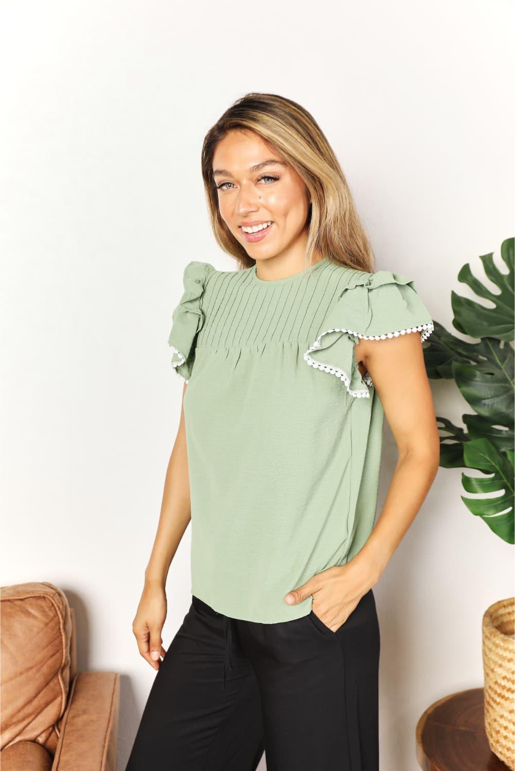 Double Take Pleated Detail Flutter Sleeve Blouse - Lab Fashion, Home & Health