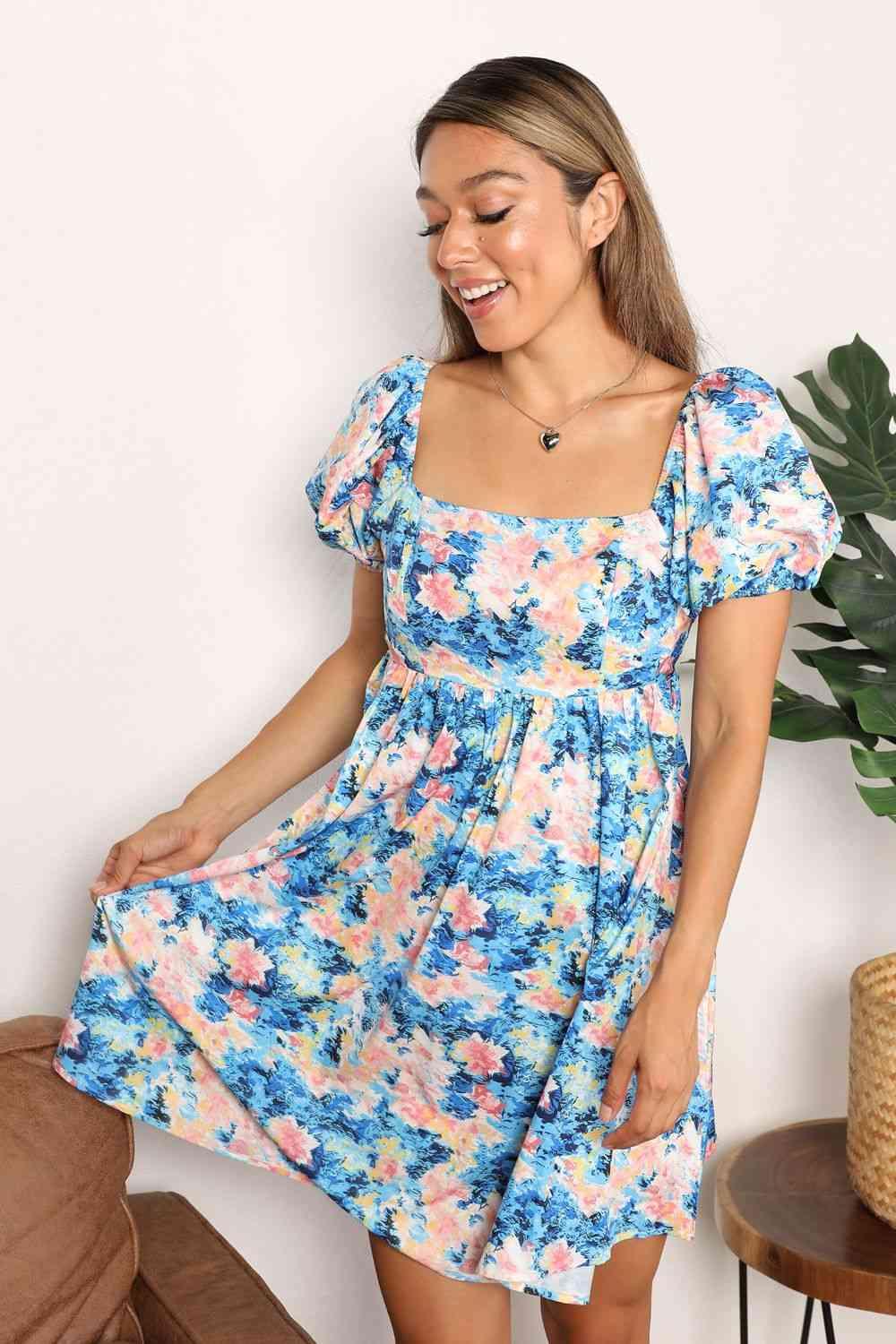 Double Take Floral Square Neck Puff Sleeve Dress - Lab Fashion, Home & Health