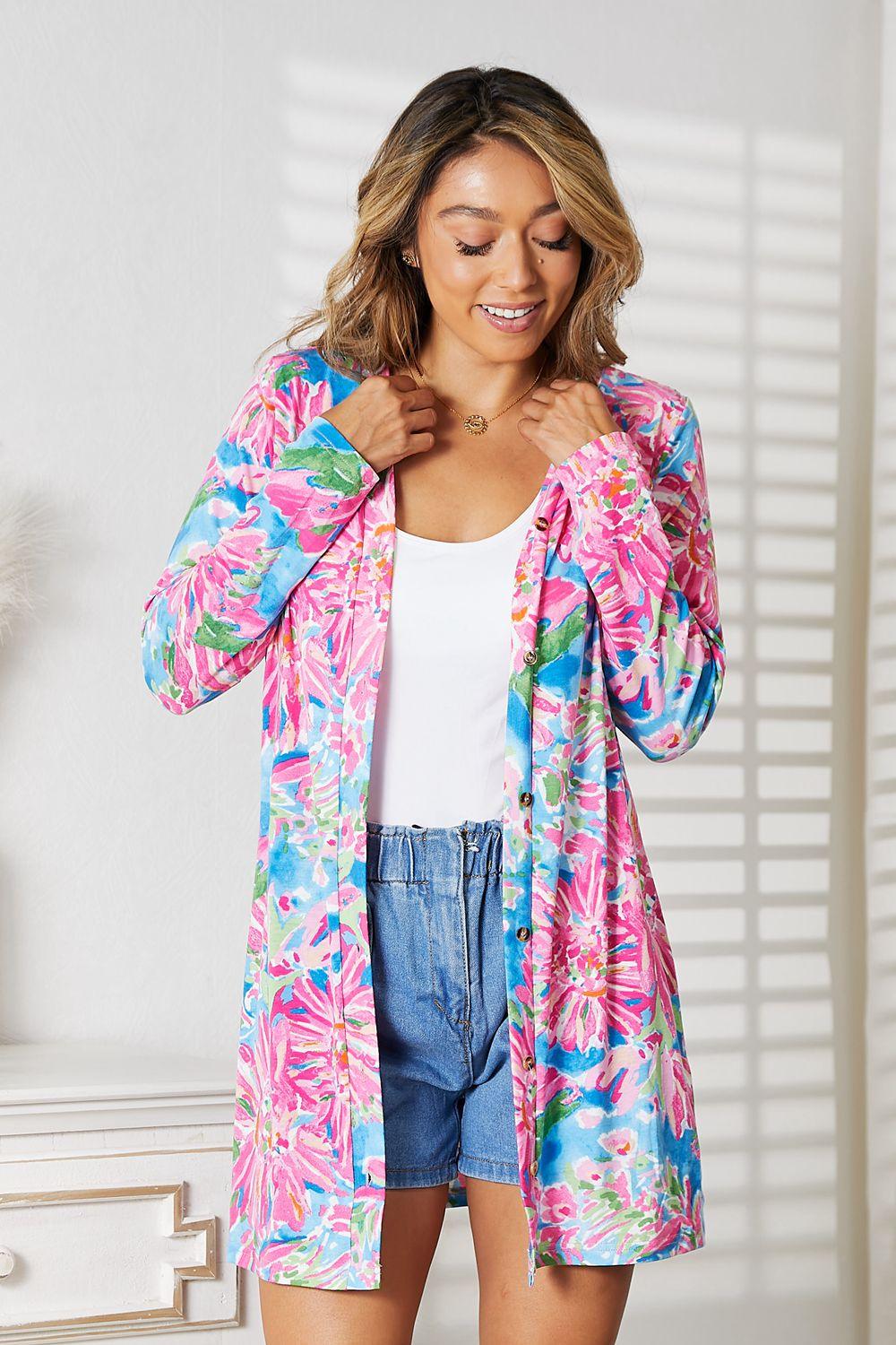 Double Take Floral Open Front Long Sleeve Cardigan - Lab Fashion, Home & Health