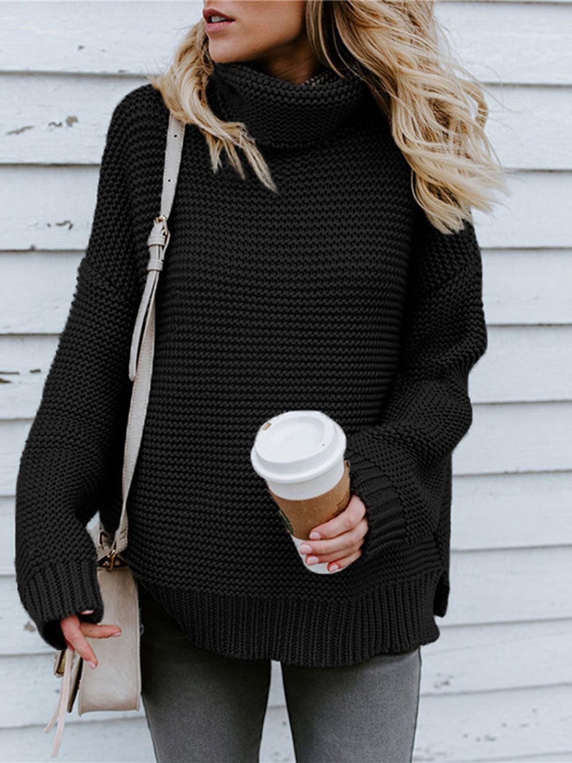 Turtleneck Dropped Shoulder Slit Sweater - Lab Fashion, Home & Health