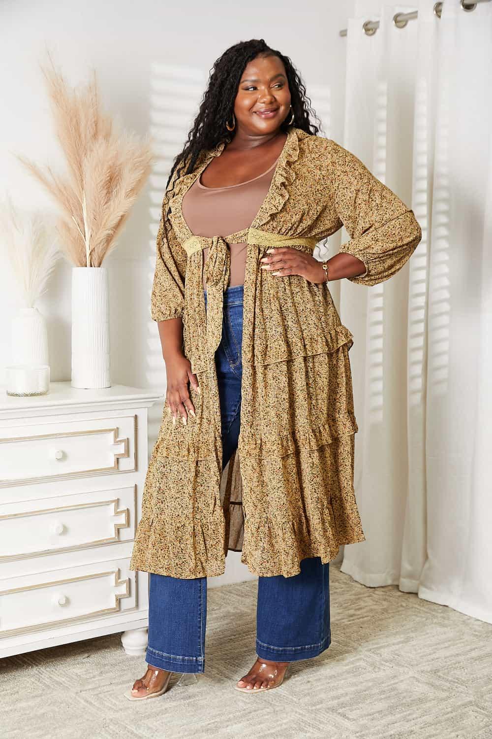 HEYSON Full Size Tie Front Ruffled Duster Cardigan - Lab Fashion, Home & Health