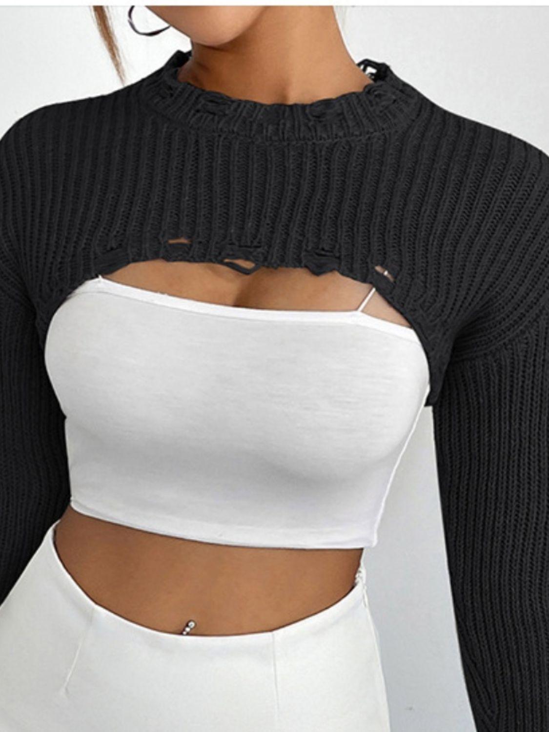 Distressed Long Sleeve Cropped Sweater - Lab Fashion, Home & Health