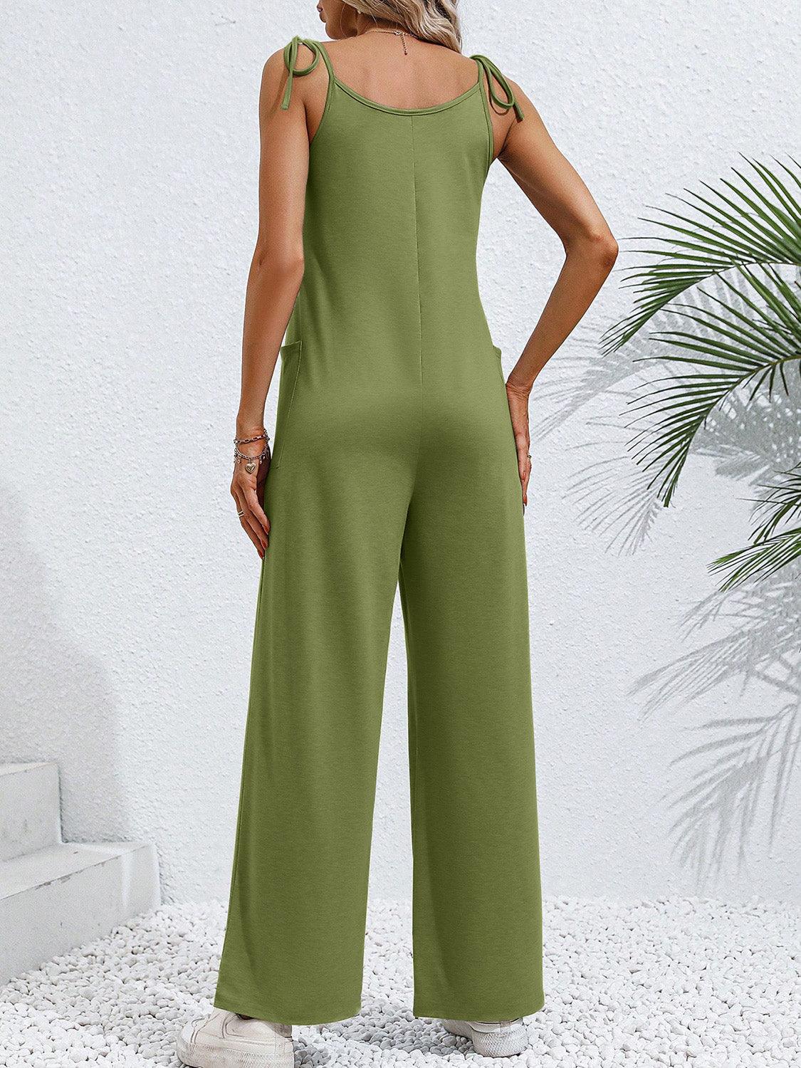 Tie-Shoulder Wide Leg Jumpsuit with Pockets - Lab Fashion, Home & Health