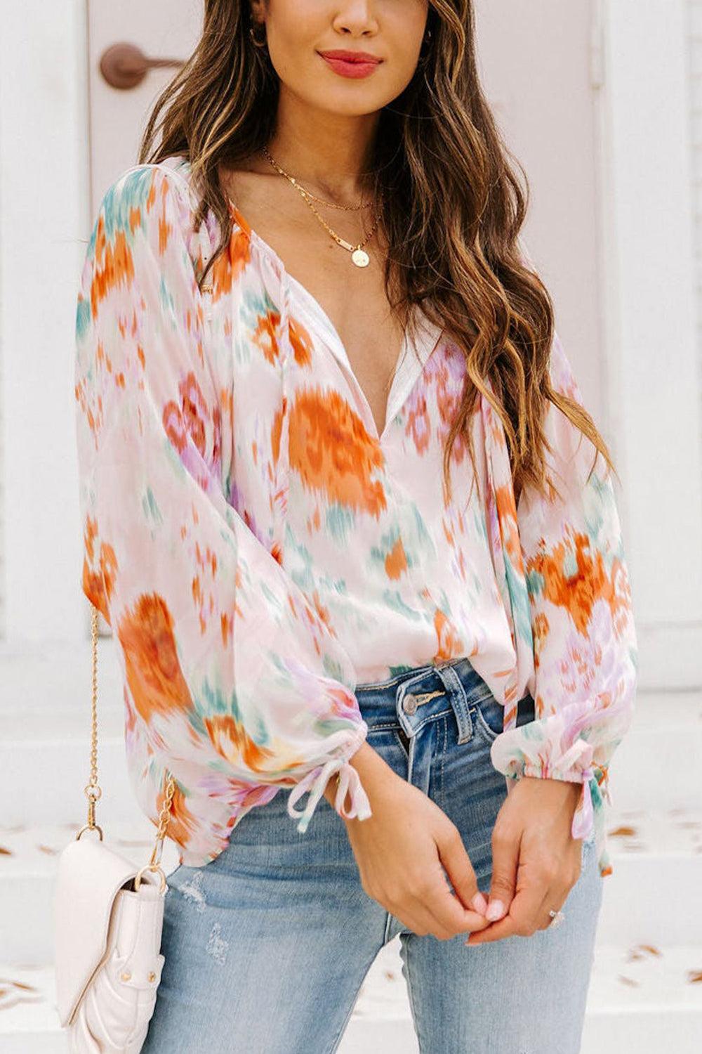 Printed Tie Neck Long Sleeve Blouse - Lab Fashion, Home & Health