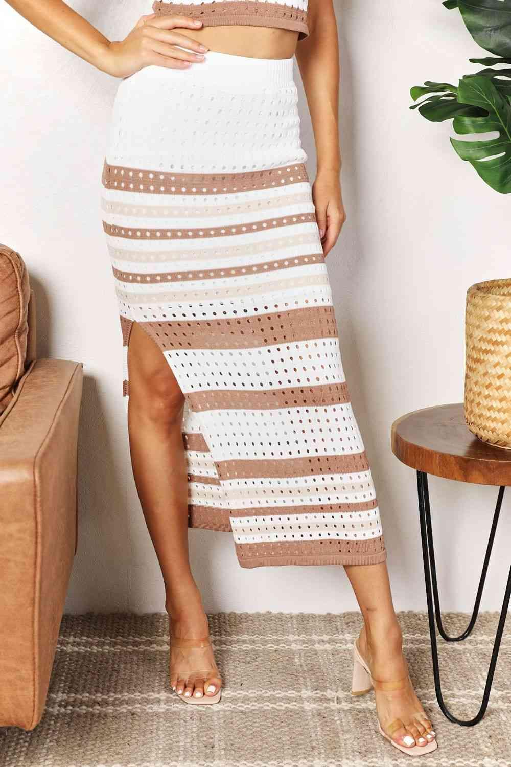 Double Take Striped Openwork Cropped Tank and Split Skirt Set - Lab Fashion, Home & Health