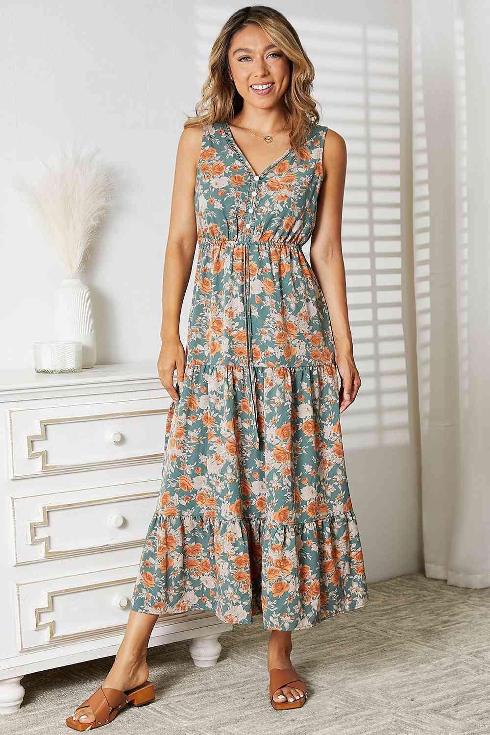 Double Take Floral V-Neck Tiered Sleeveless Dress - Lab Fashion, Home & Health