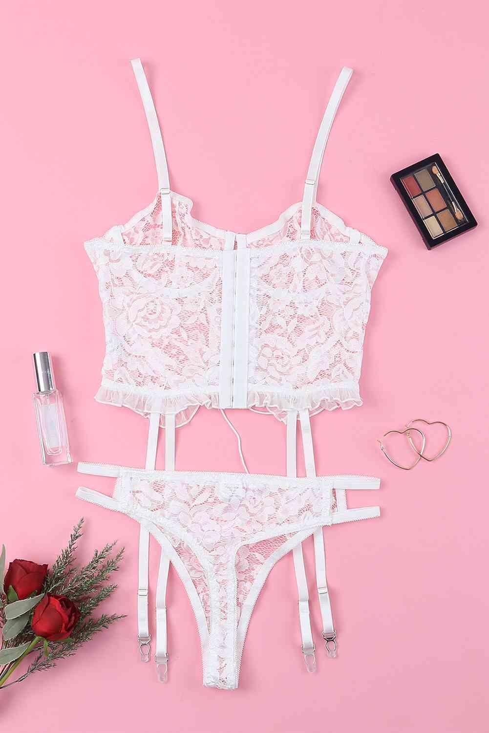 Lace-Up Frill Trim Lingerie Set - Lab Fashion, Home & Health