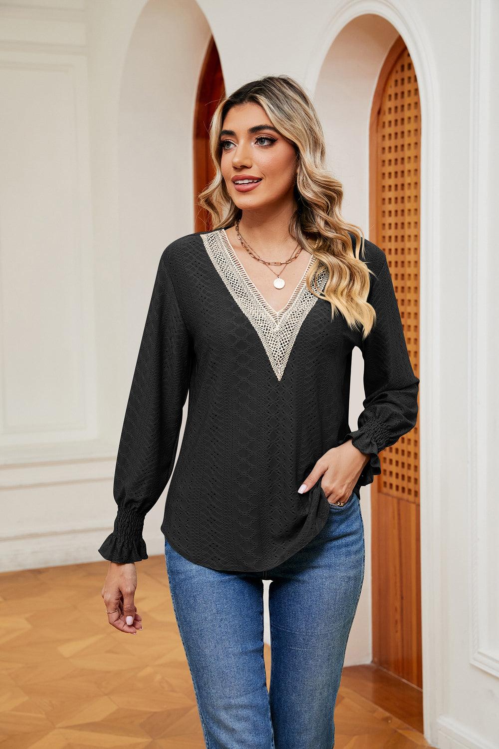 Contrast Flounce Sleeve Blouse - Lab Fashion, Home & Health