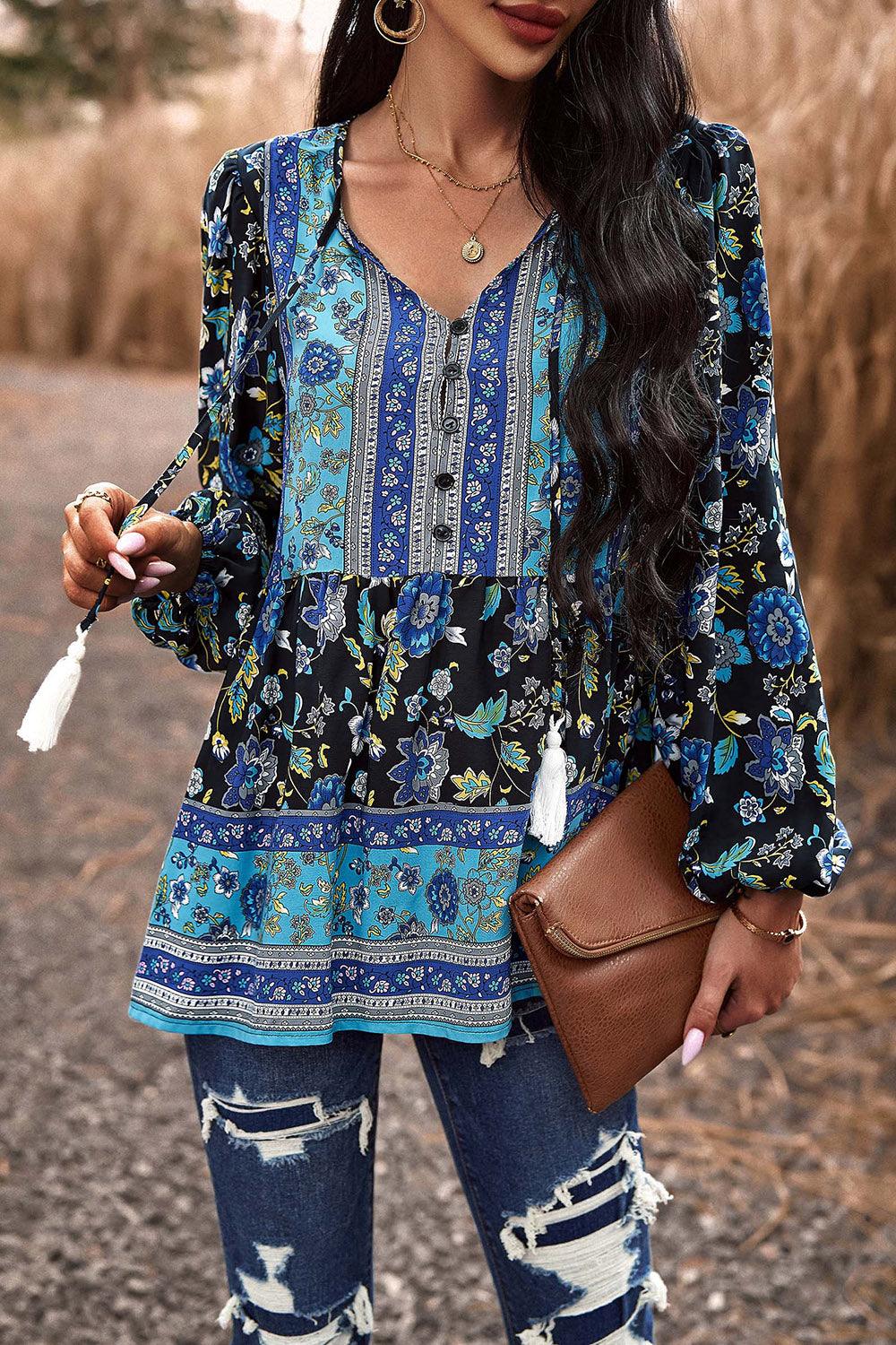 Tassel Tie Long Sleeve Peplum Blouse - Lab Fashion, Home & Health