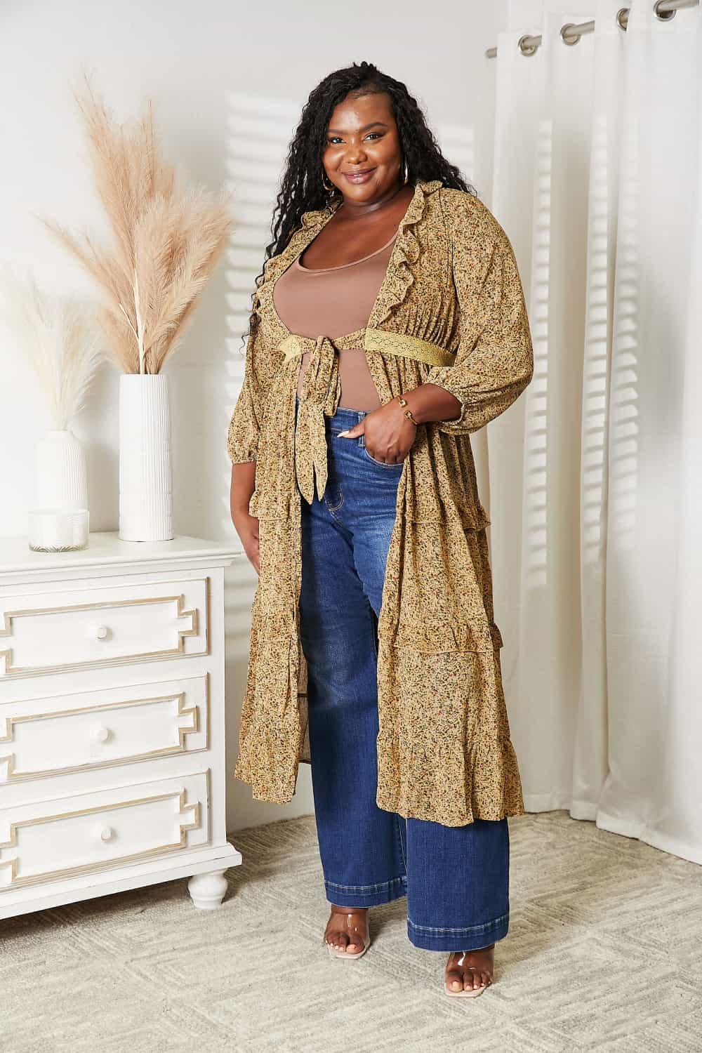 HEYSON Full Size Tie Front Ruffled Duster Cardigan - Lab Fashion, Home & Health