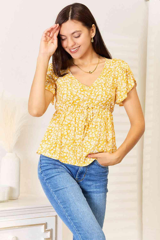 Double Take Floral Petal Sleeve Babydoll Top - Lab Fashion, Home & Health