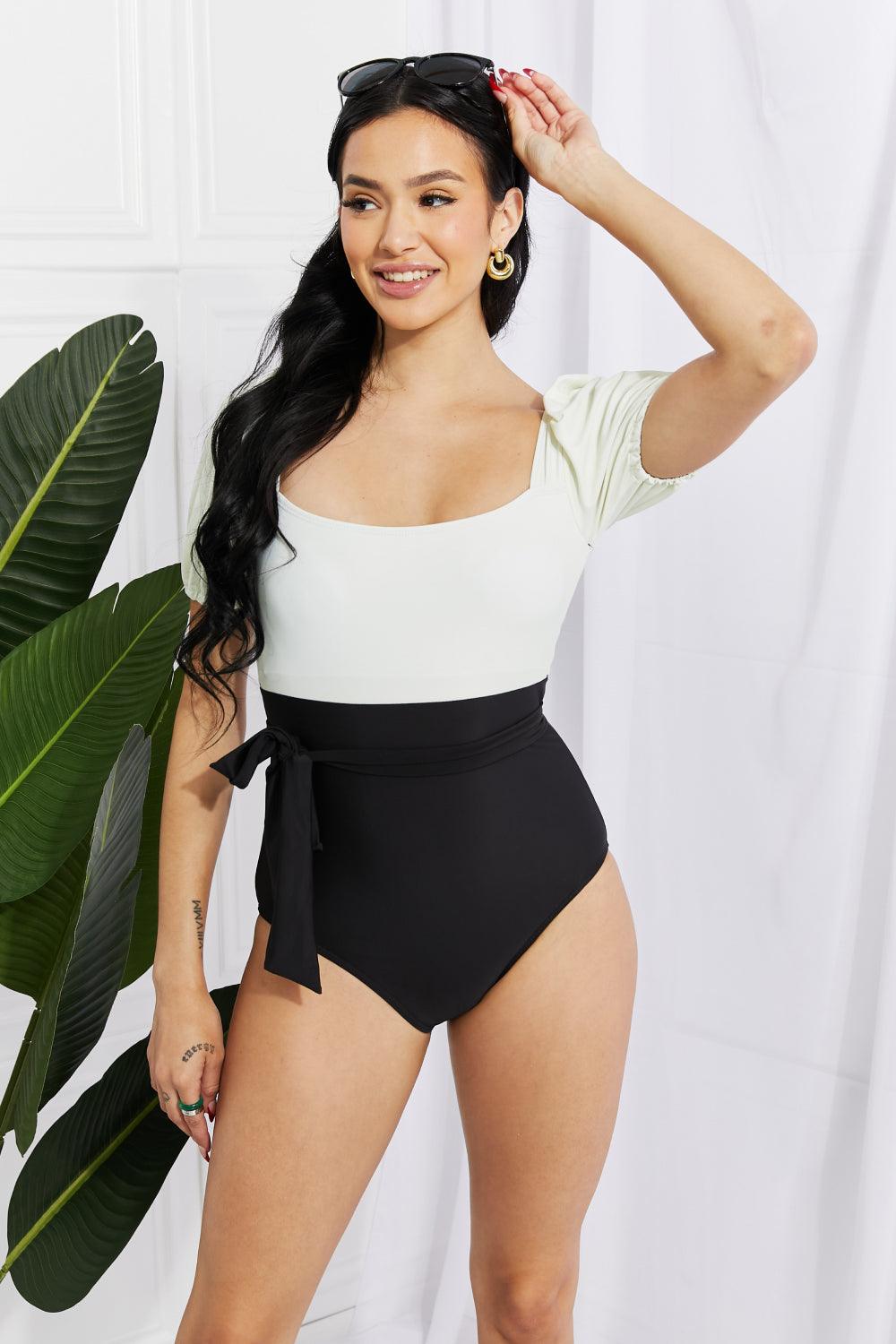 Marina West Swim Salty Air Puff Sleeve One-Piece in Cream/Black - Lab Fashion, Home & Health
