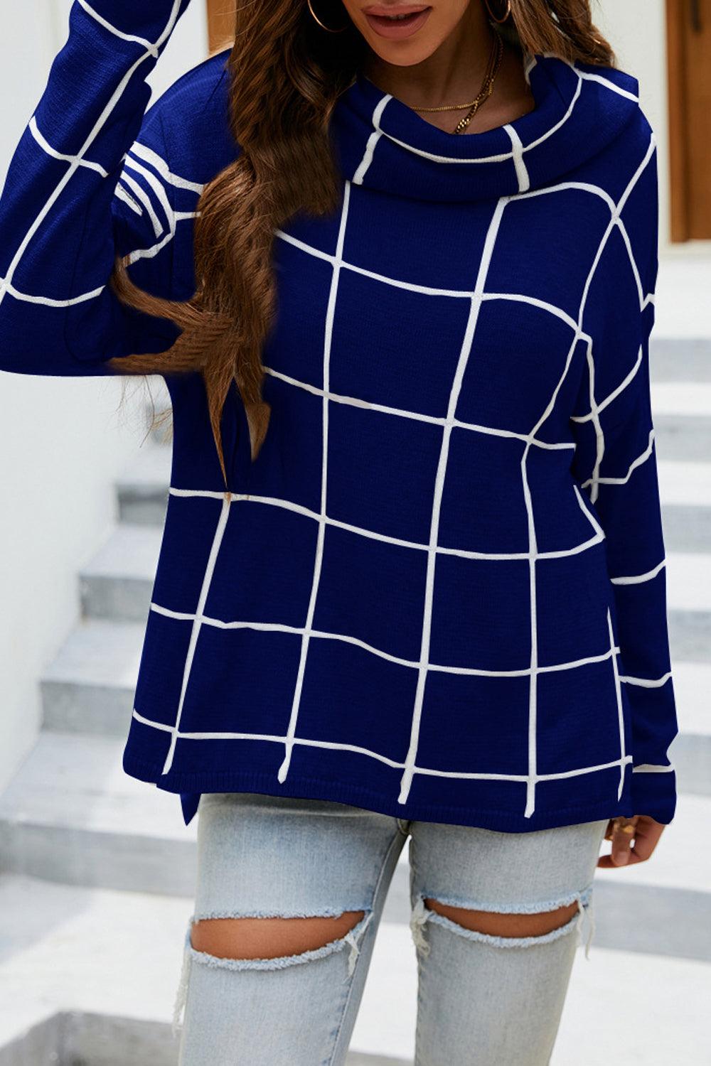 Plaid Turtleneck Drop Shoulder Sweater - Lab Fashion, Home & Health