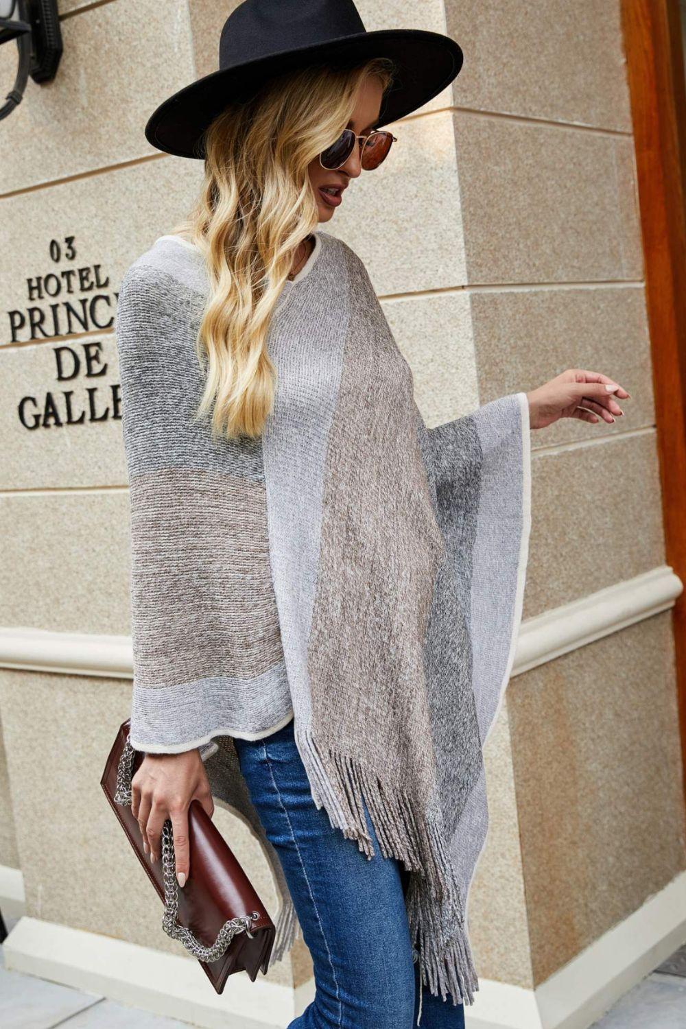 Color Block Fringe Hem Poncho - Lab Fashion, Home & Health