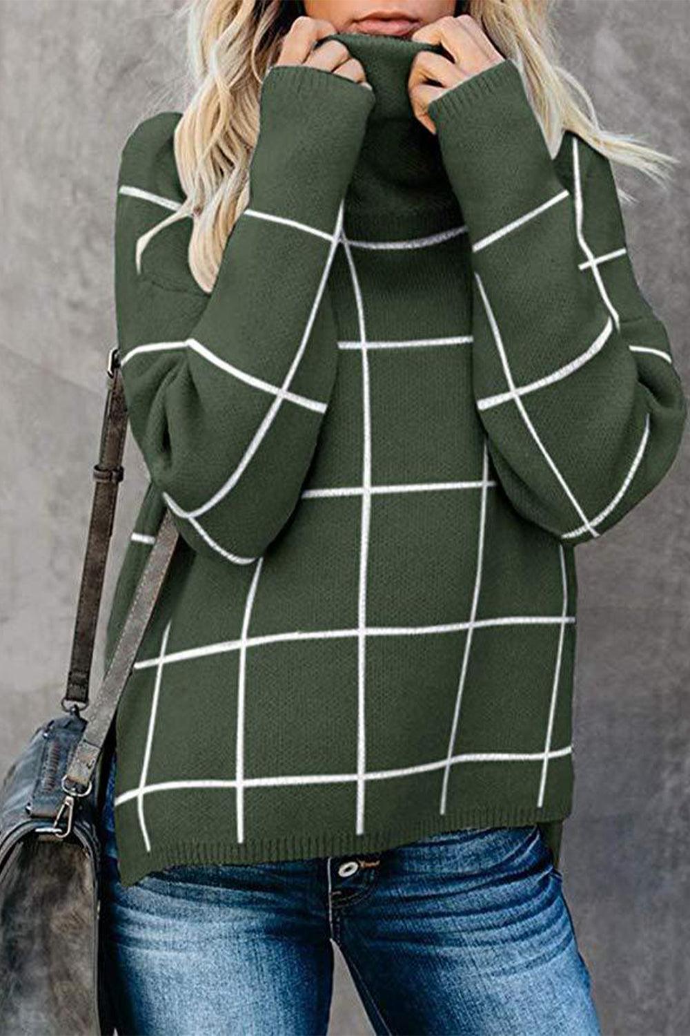 Plaid Turtleneck Drop Shoulder Sweater - Lab Fashion, Home & Health