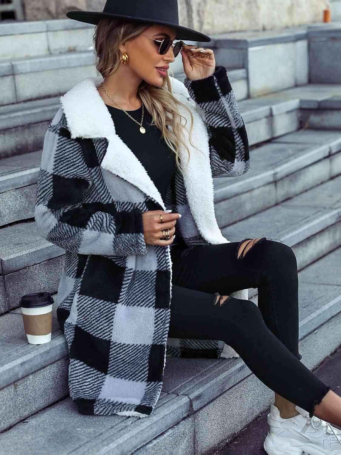 Plaid Open Front Coat with Pockets - Lab Fashion, Home & Health
