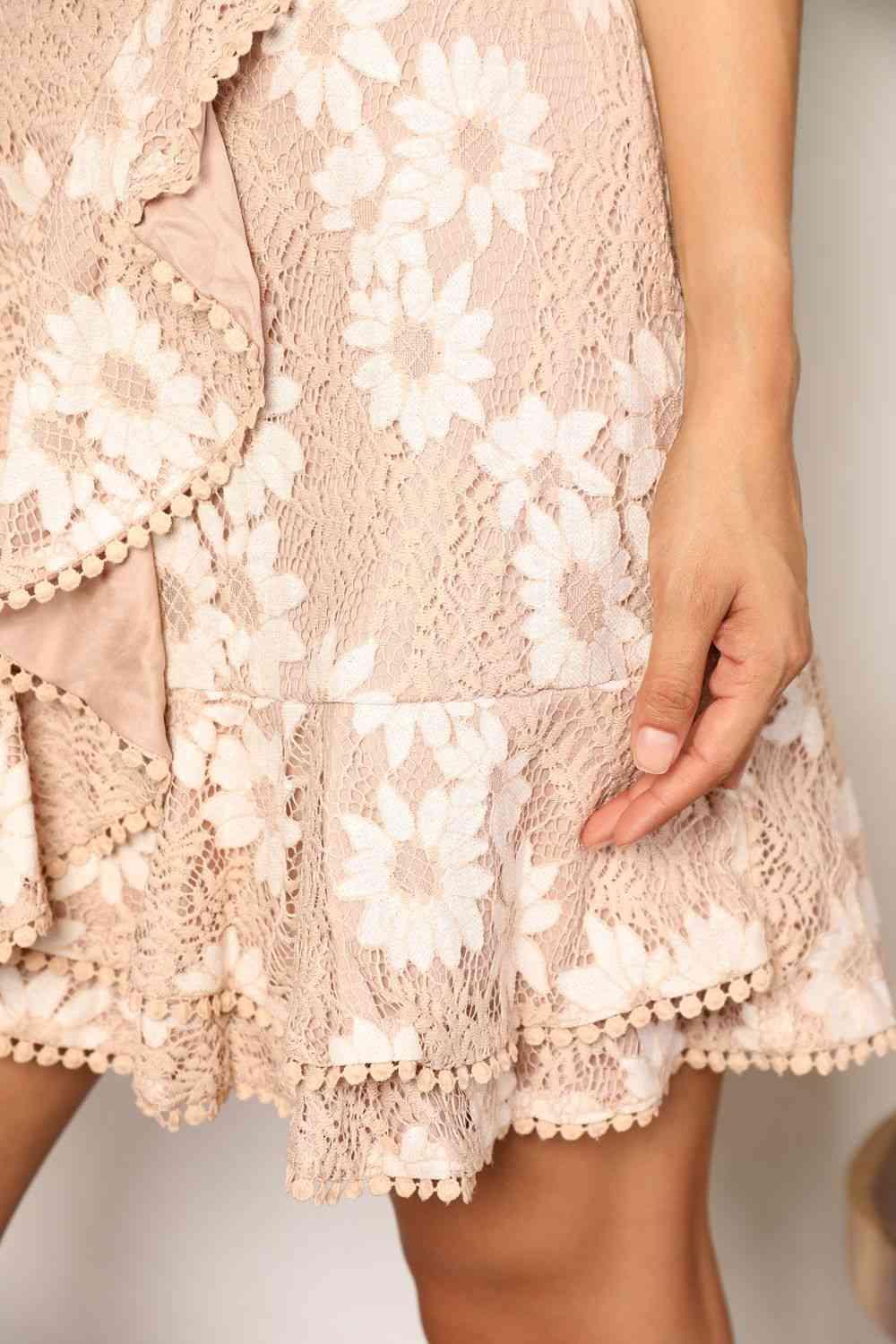 Double Take Floral Lace Pompom Detail Tie-Waist Flutter Sleeve Dress - Lab Fashion, Home & Health