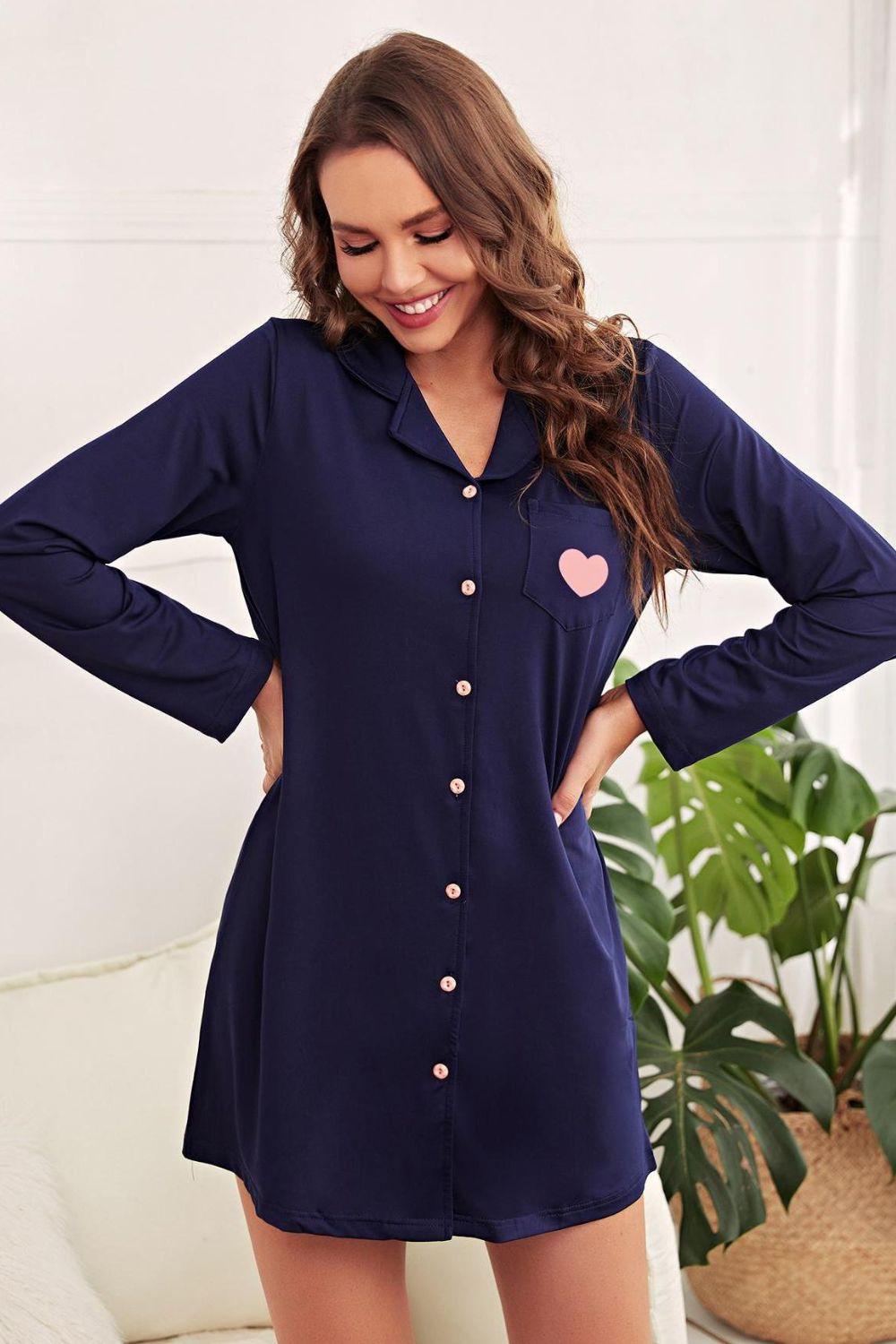 Heart Graphic Lapel Collar Night Shirt - Lab Fashion, Home & Health