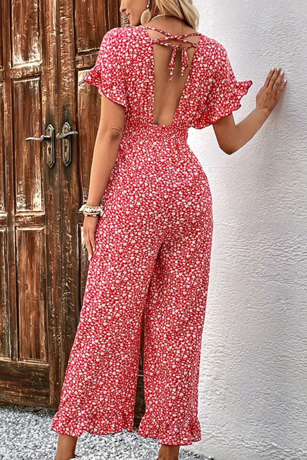 Printed Tie Back Ruffled Jumpsuit - Lab Fashion, Home & Health